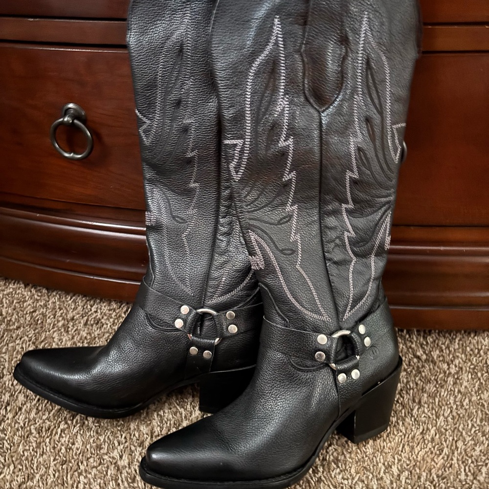 Black Heeled Boots with Silver Harness